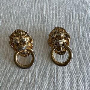 Kenneth Jay Lane Gold Lion Head Door Knocker Clip Earrings